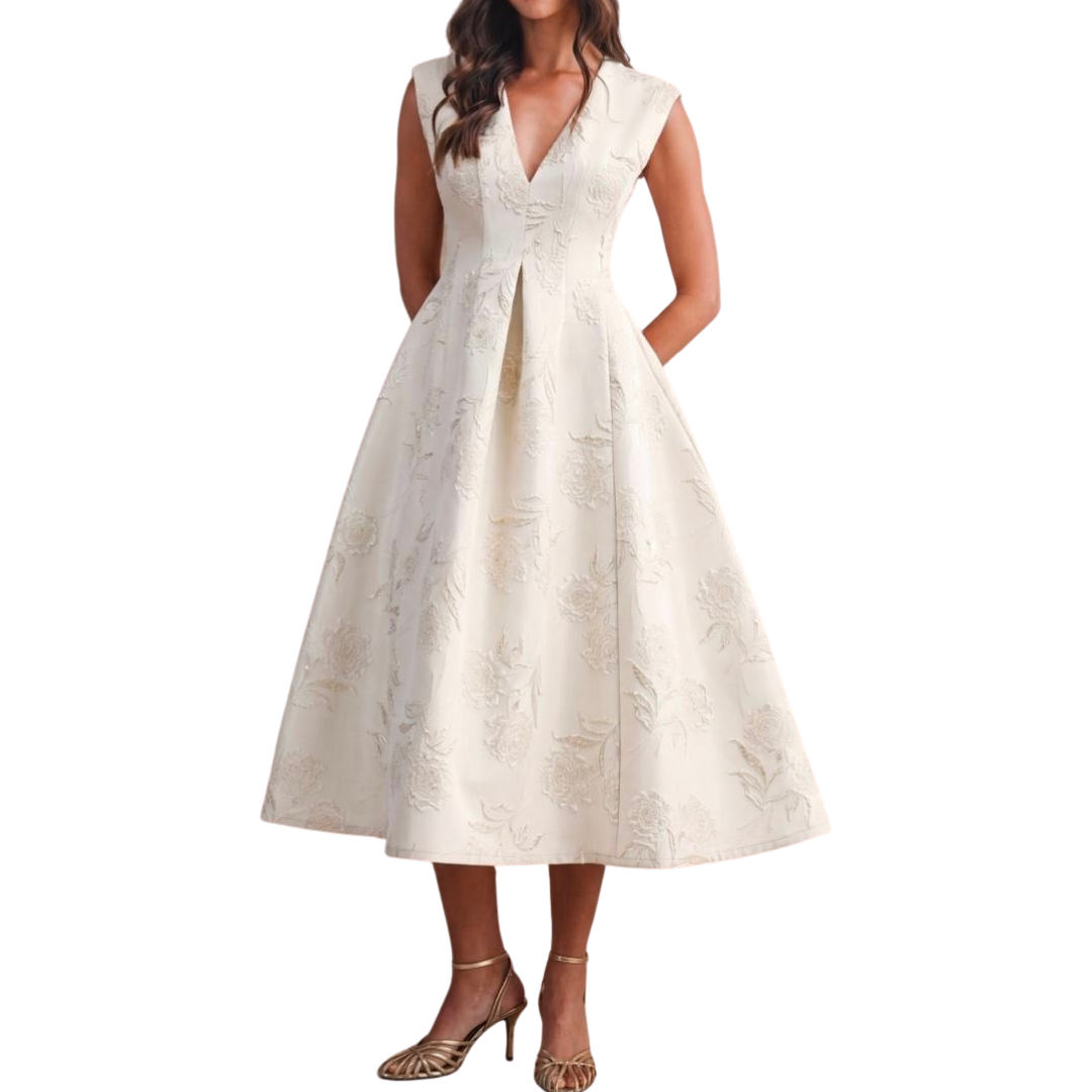 VESTIDO MIDI TELA BROCADA BEIGE CON DORADO