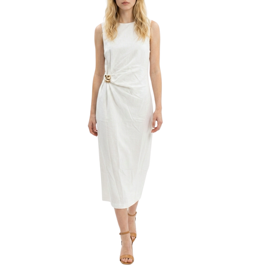VESTIDO MIDI CON BROCHE DORADO BLANCO