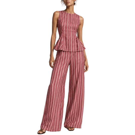 SET PANTALON Y BLUSA CORTE PEPLUM CON RAYAS TONOS ROSAS