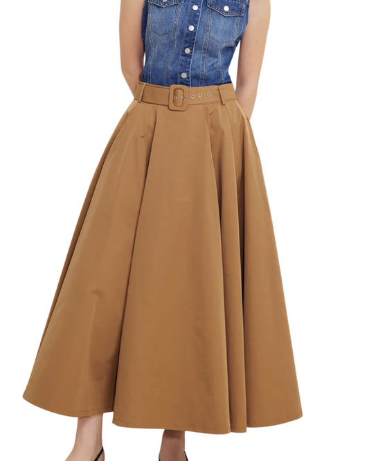 FALDA CAFÉ AMPLIA CON TABLONES Y CINTO