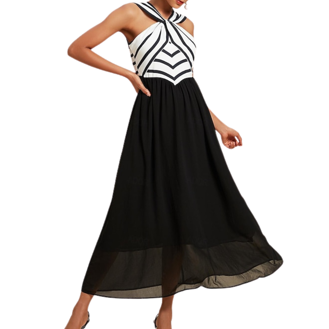 VESTIDO MIDI BEIGE Y NEGRO HALTER CRUZADO