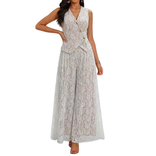 SET PANTALON Y CHALECO ASIMETRICO ENCAJE BLANCO