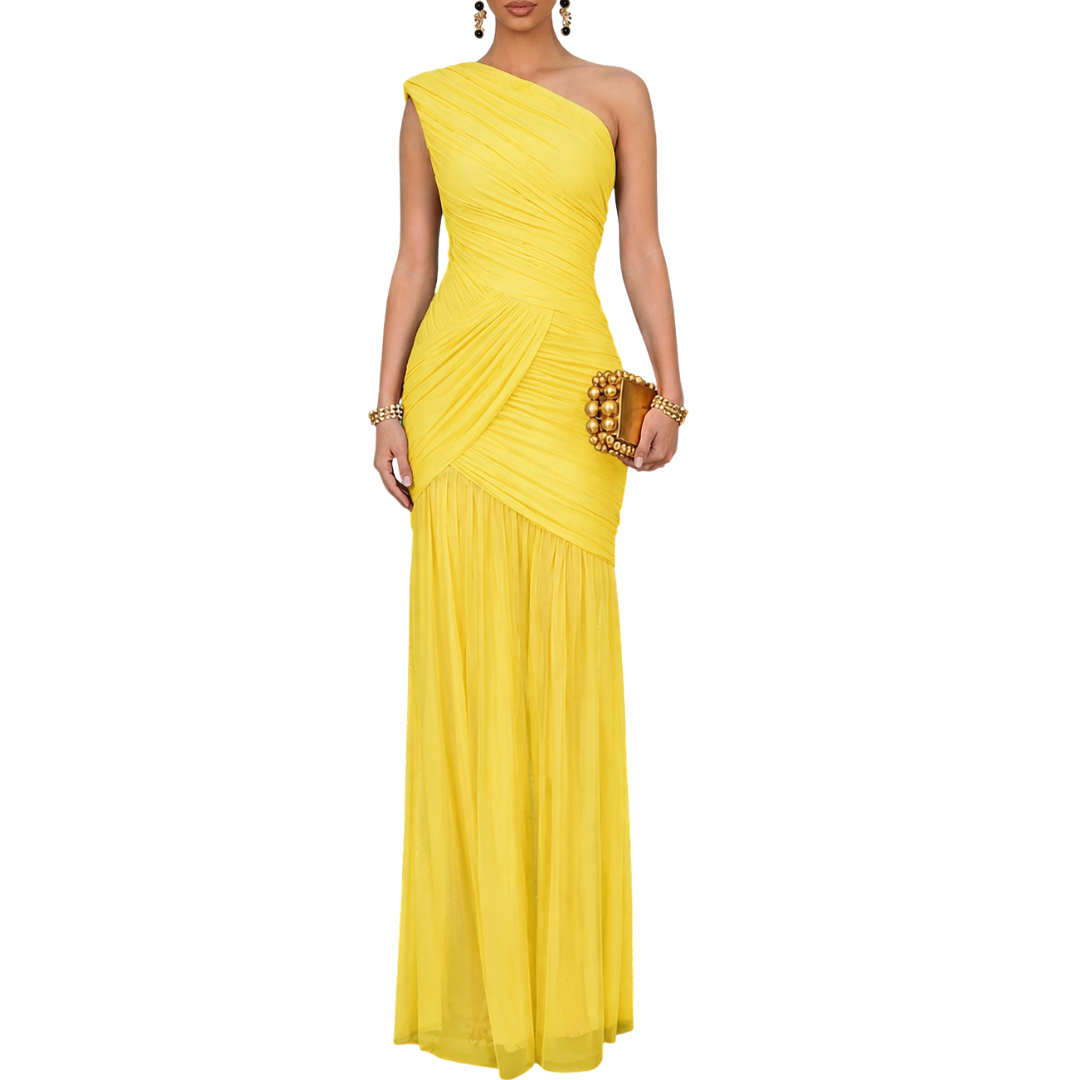 VESTIDO LARGO MESH UN HOMBRO CORRUGADO AMARILLO