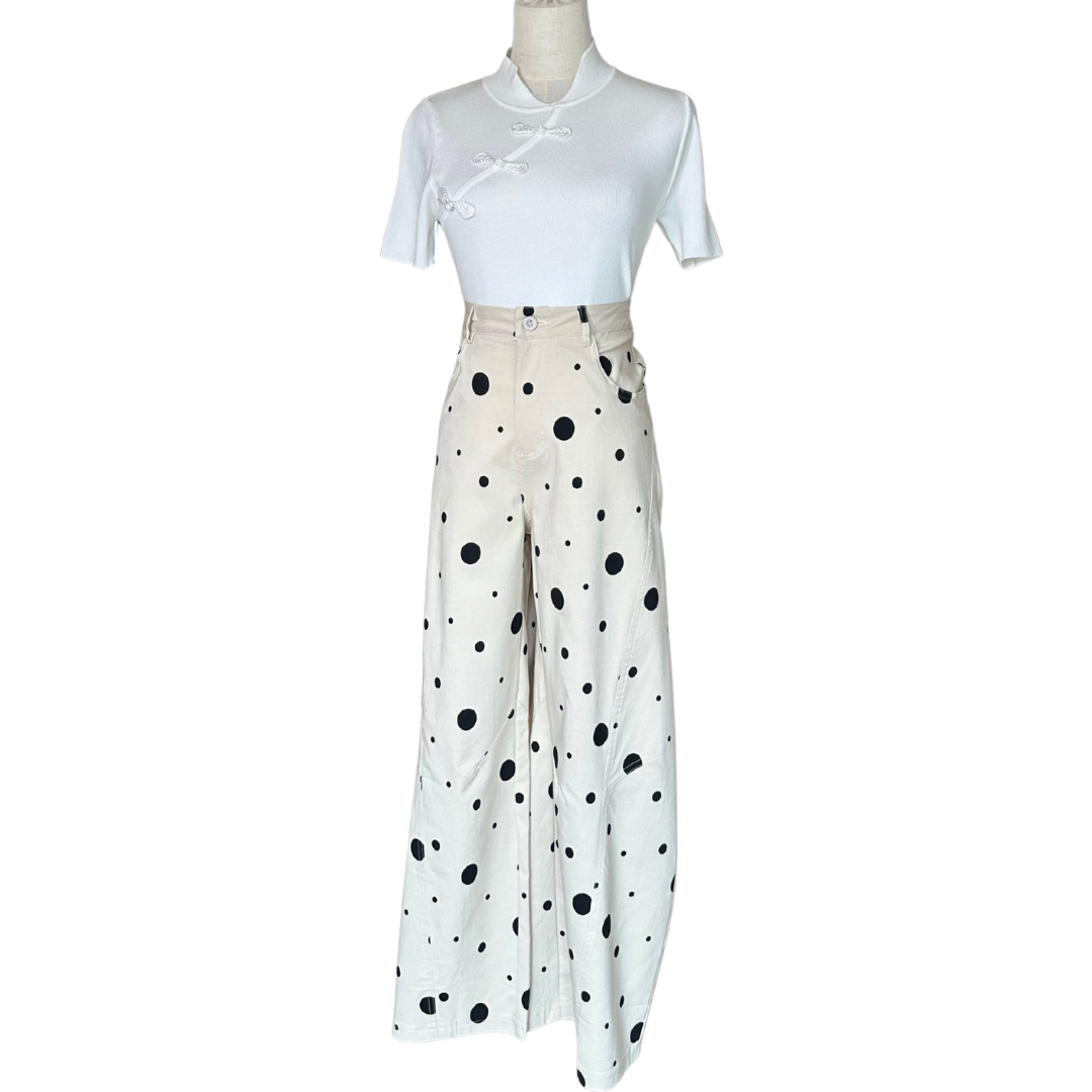 PANTALON POLKA DOTS BEIGE CON NEGRO