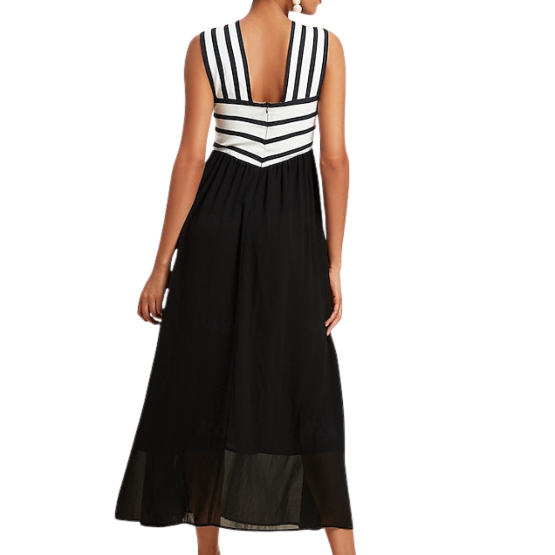 VESTIDO MIDI BEIGE Y NEGRO HALTER CRUZADO