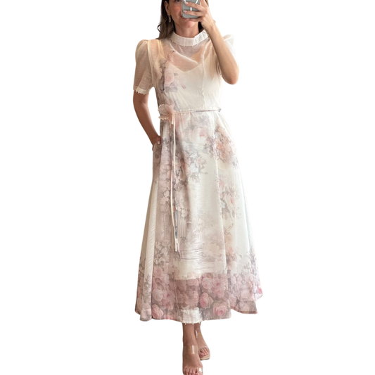VESTIDO MIDI CON MANGA BEIGE CON FLORES