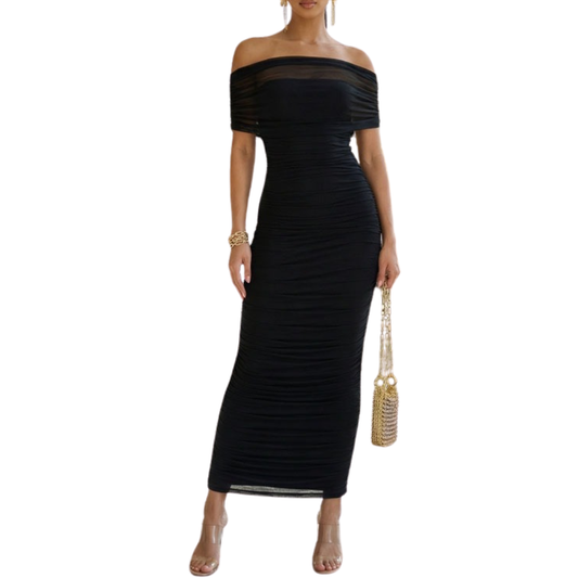 VESTIDO LARGO MESH CORRUGADO NEGRO