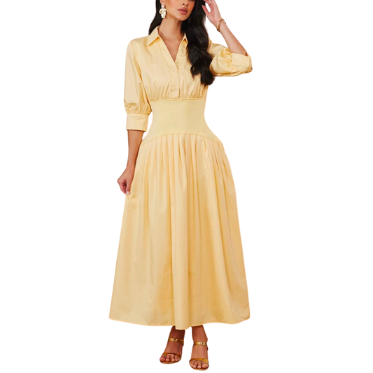 VESTIDO MIDI AMARILLO CON MANGA TRESCUARTOS ACINTURADO