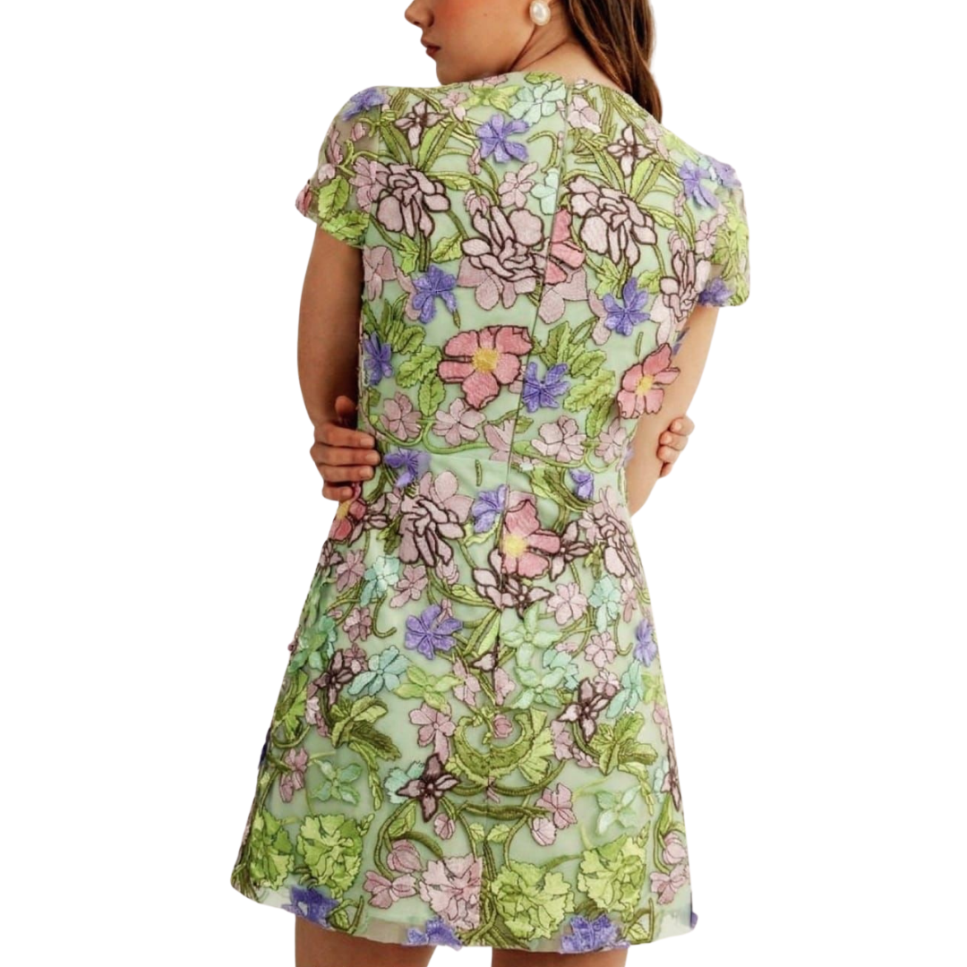 VESTIDO ENCAJE VERDE CON FLORES DE COLORES