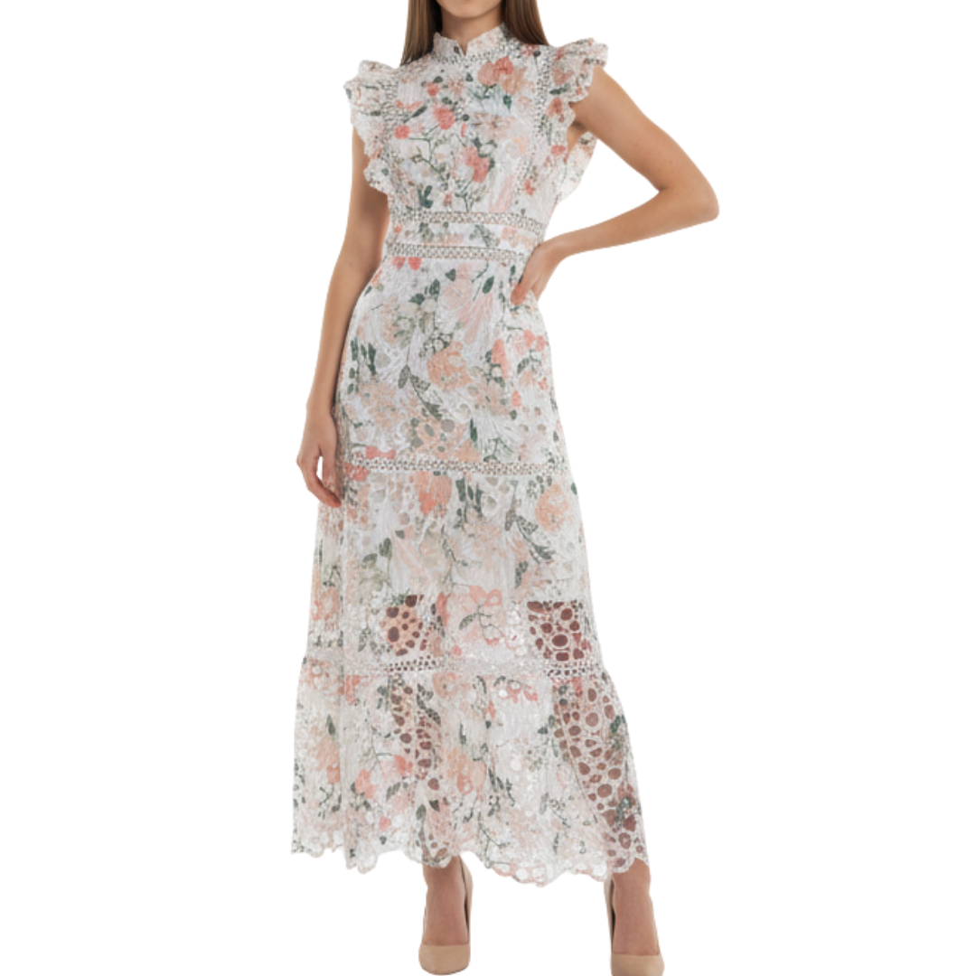 VESTIDO MIDI FLOREADO EN TONOS NARANJA Y VERDE CON PERLAS EN CUELLO