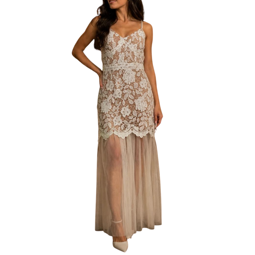 SET VESTIDO NUDE CON ENCAJE BLANCO Y FALDA DE TUL