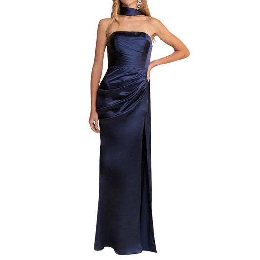 VESTIDO LARGO STRAPPLES SATIN AZUL MARINO