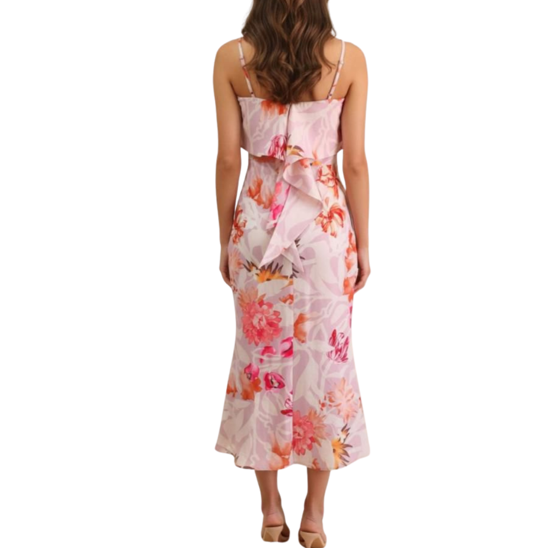 VESTIDO MIDI FLOREADO ROSA PALO TONOS FIUSHA