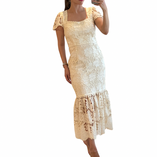 VESTIDO MIDI BEIGE ENCAJE