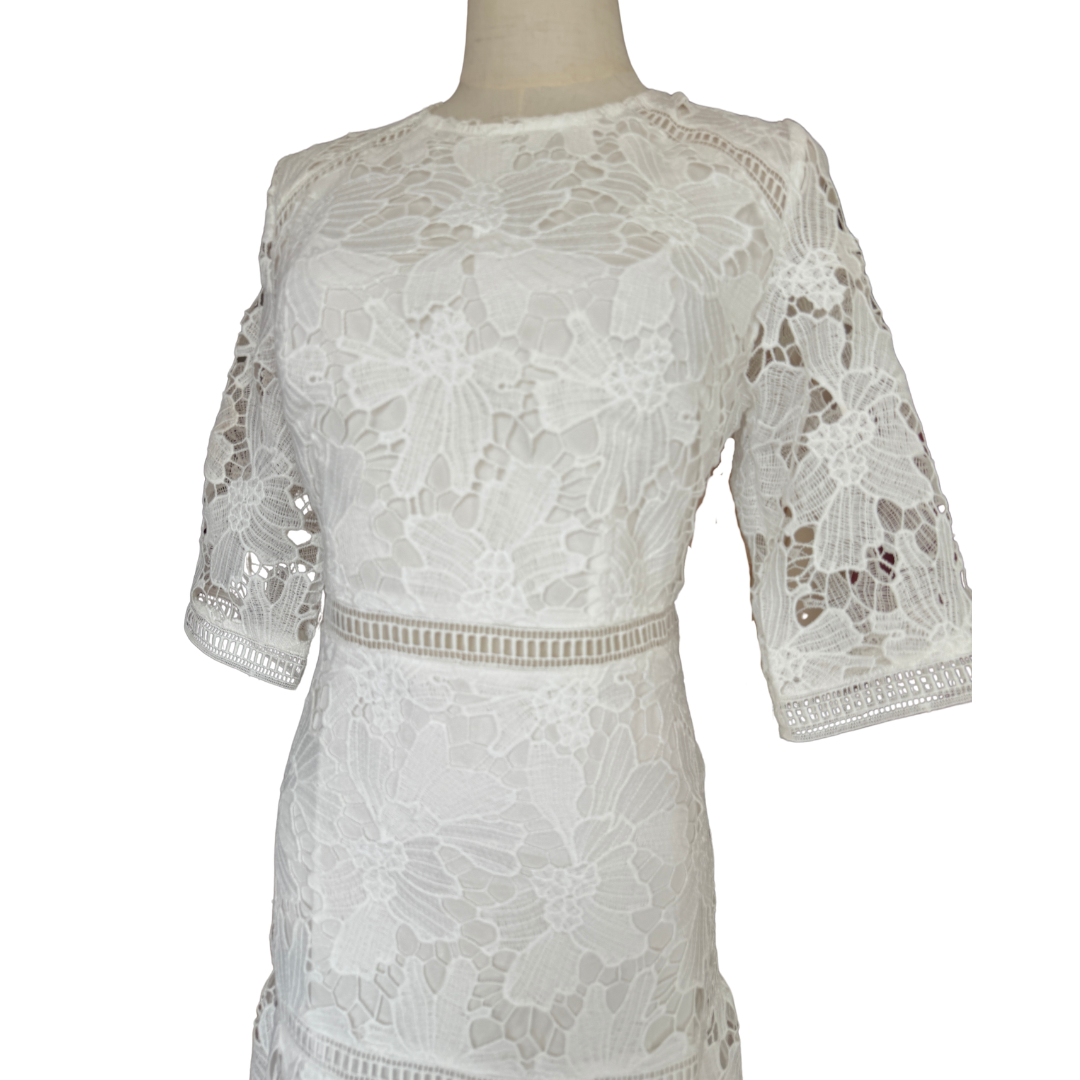VESTIDO MIDI BLANCO ENCAJE CON OLANES