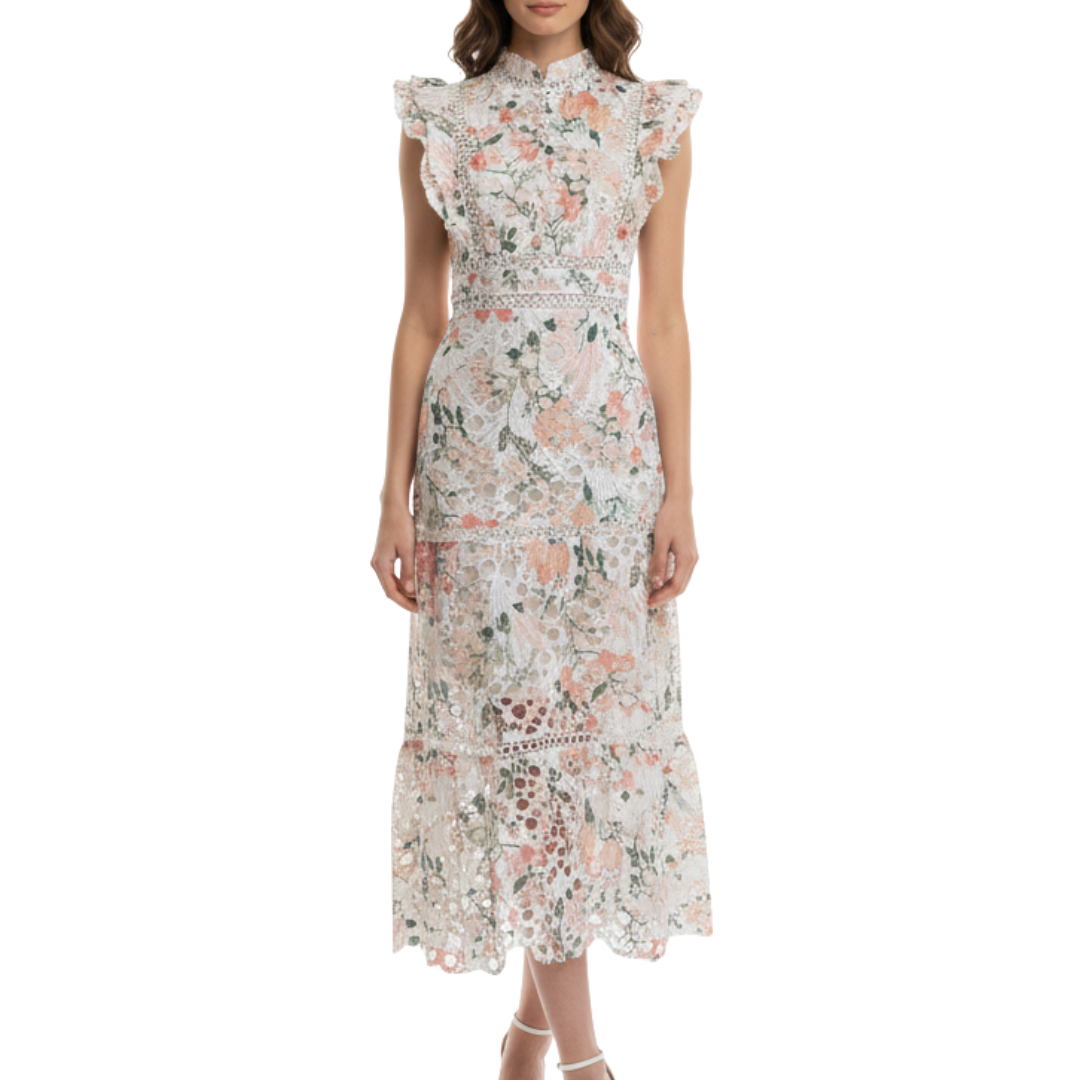 VESTIDO MIDI FLOREADO EN TONOS NARANJA Y VERDE CON PERLAS EN CUELLO