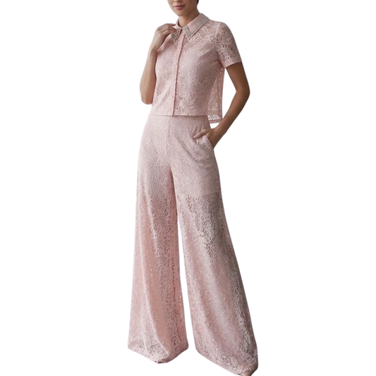 SET ROSA CON PEDRERIA EN CUELLO DE ENCAJE