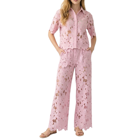 SET PANTALÓN Y BLUSA DE GUIPUR ROSA ENCAJE