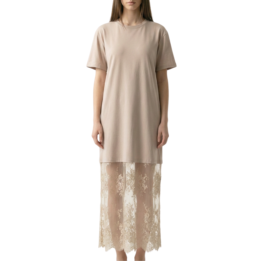 VESTIDO MIDI BEIGE DE CAMISETA CON ENCAJE