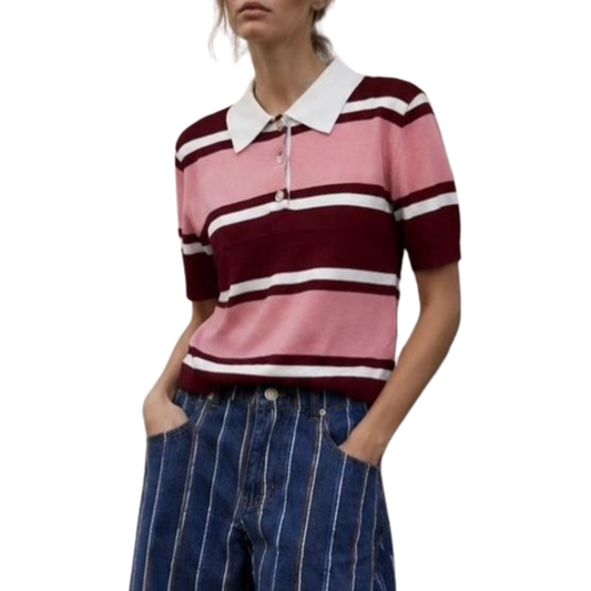 BLUSA TEJIDO DE PUNTO RAYAS ROSA CON ROJO