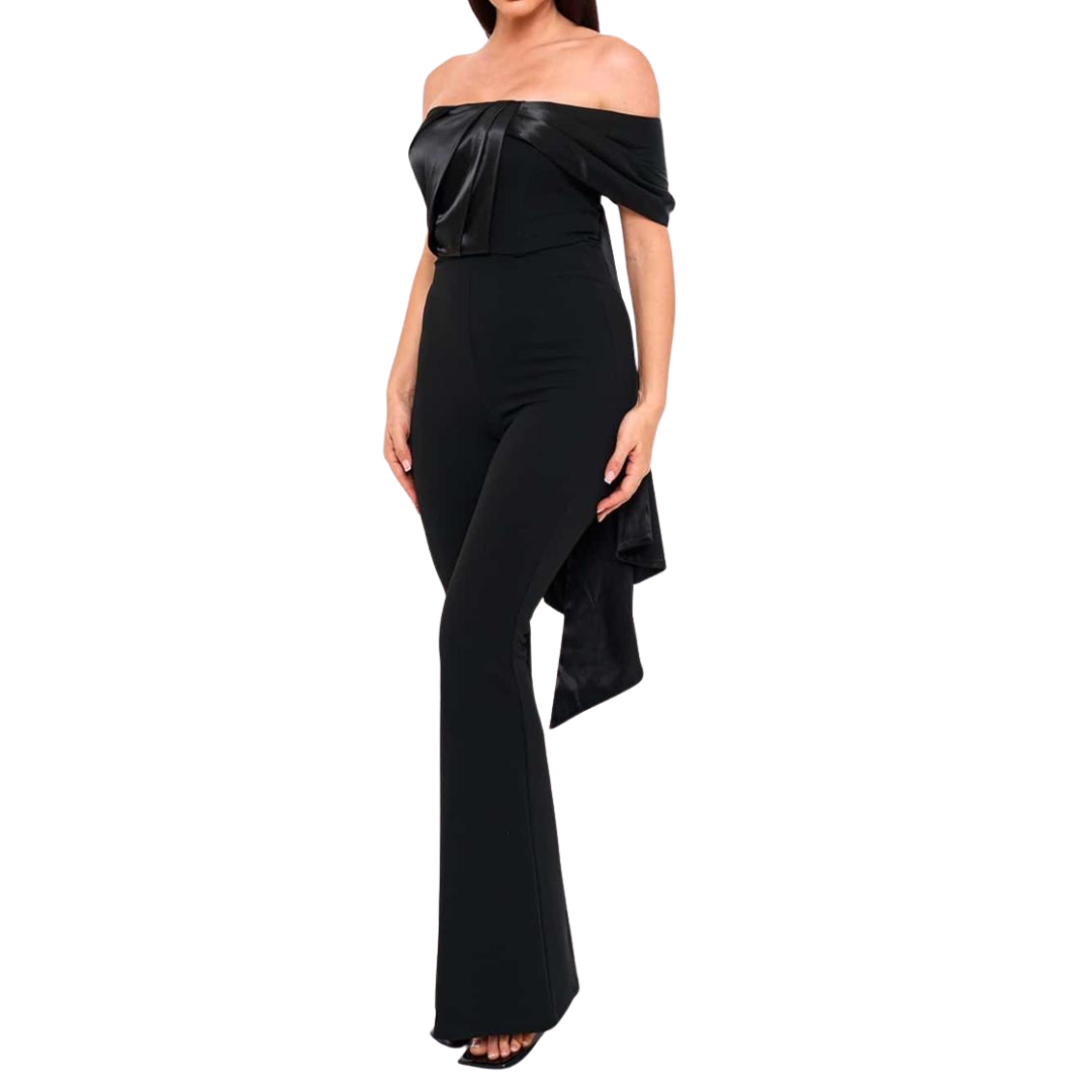 JUMPSUIT NEGRO UN HOMBRO CON MOÑO SATINADO