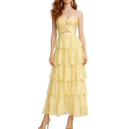 VESTIDO MIDI AMARILLO CON OLANES DE TIRANTES