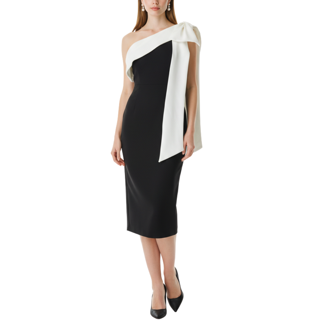 VESTIDO MIDI NEGRO CON MOÑO BLANCO