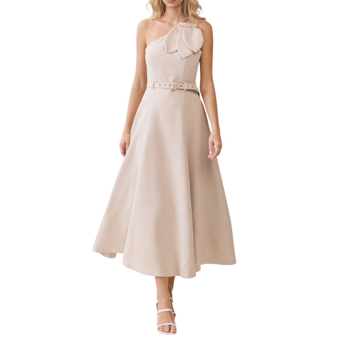 VESTIDO BEIGE UNA MANGA CON CINTO