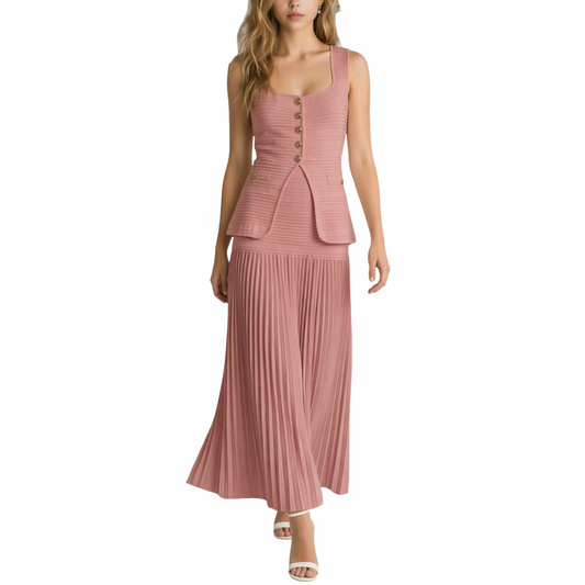 SET CHALECO Y FALDA CON TABLONES ROSA