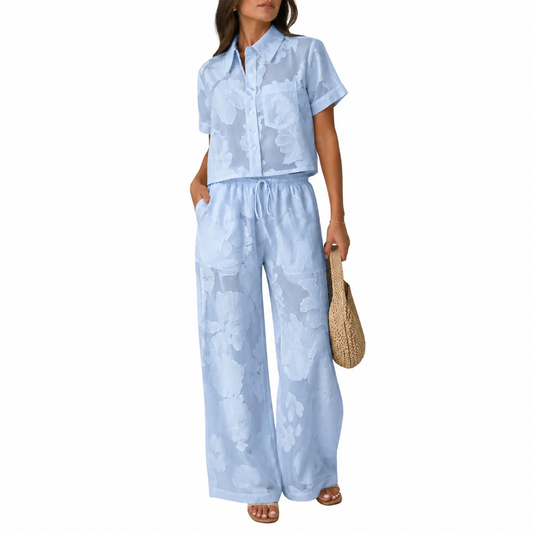 SET PANTALÓN Y BLUSA CELESTE ENCAJE