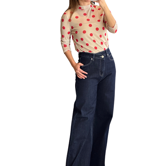 BLUSA MESH  MANGA LARGA BEIGE CON PUNTOS ROJOS