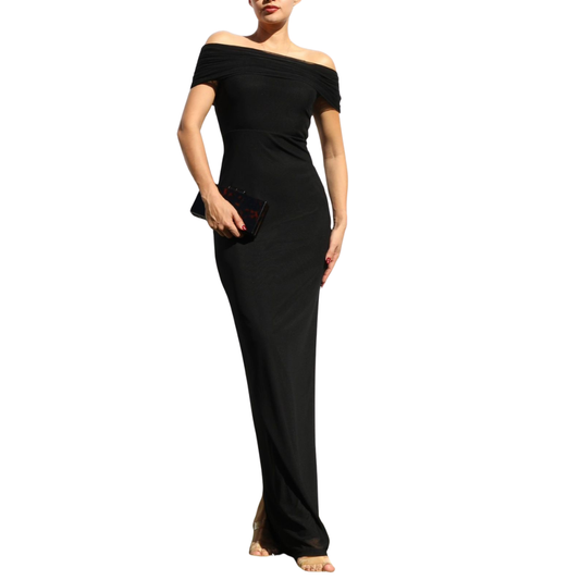 VESTIDO MIDI NEGRO HOMBROS CAIDOS MESH