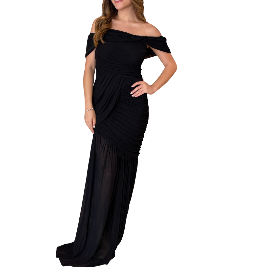 VESTIDO LARGO MESH CORRUGADO CON HOMBROS CAIDOS NEGRO