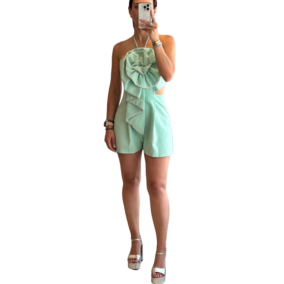 JUMPSUIT SHORT MENTA CON FLOR, SIN ESPALDA