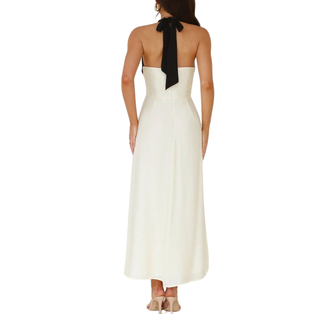 VESTIDO MIDI HALTER CRUZADO NEGRO CON BEIGE