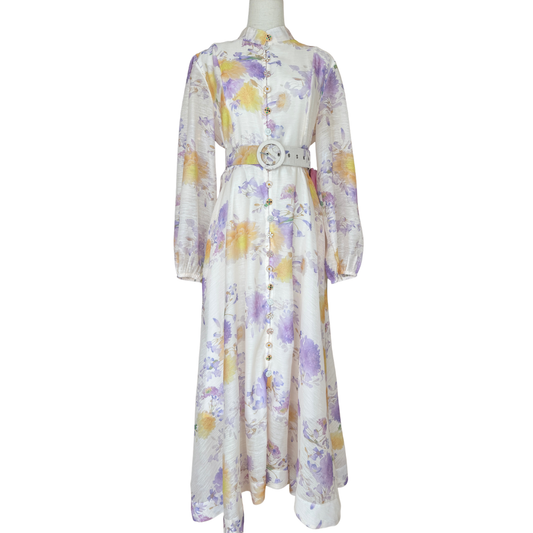 VESTIDO MIDI MANGA LARGA ESTAMPADO BEIGE CON LILA