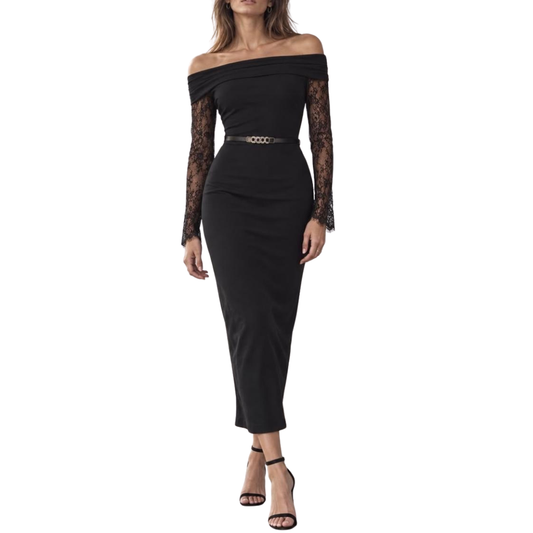 VESTIDO MIDI NEGRO CON MANGAS DE ENCAJE