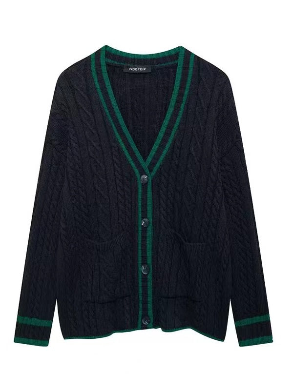 CARDIGAN TEJIDO AZUL MARINO CON VERDE