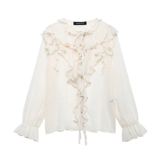 BLUSA MANGA LARGA BEIGE TIPO GASA