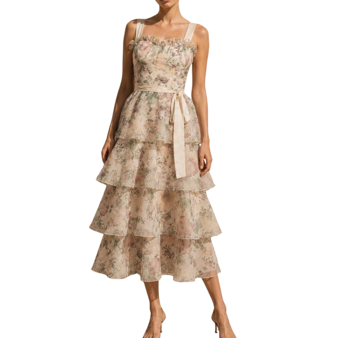 VESTIDO MIDI OLANES ESTAMPADO FLORES