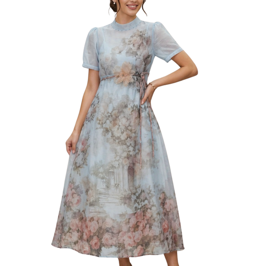 VESTIDO MIDI CON MANGA CELESTE CON FLORES