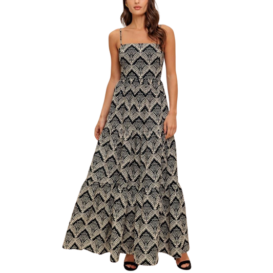 VESTIDO MIDI ESTAMPADO BEIGE CON NEGRO