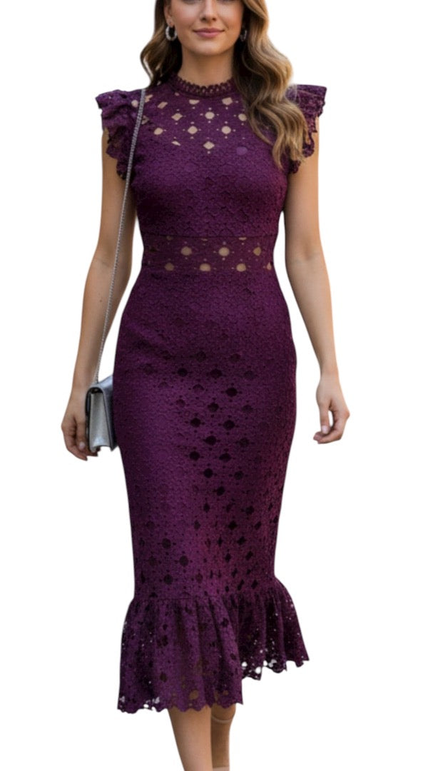 VESTIDO MIDI DE ENCAJE MORADO