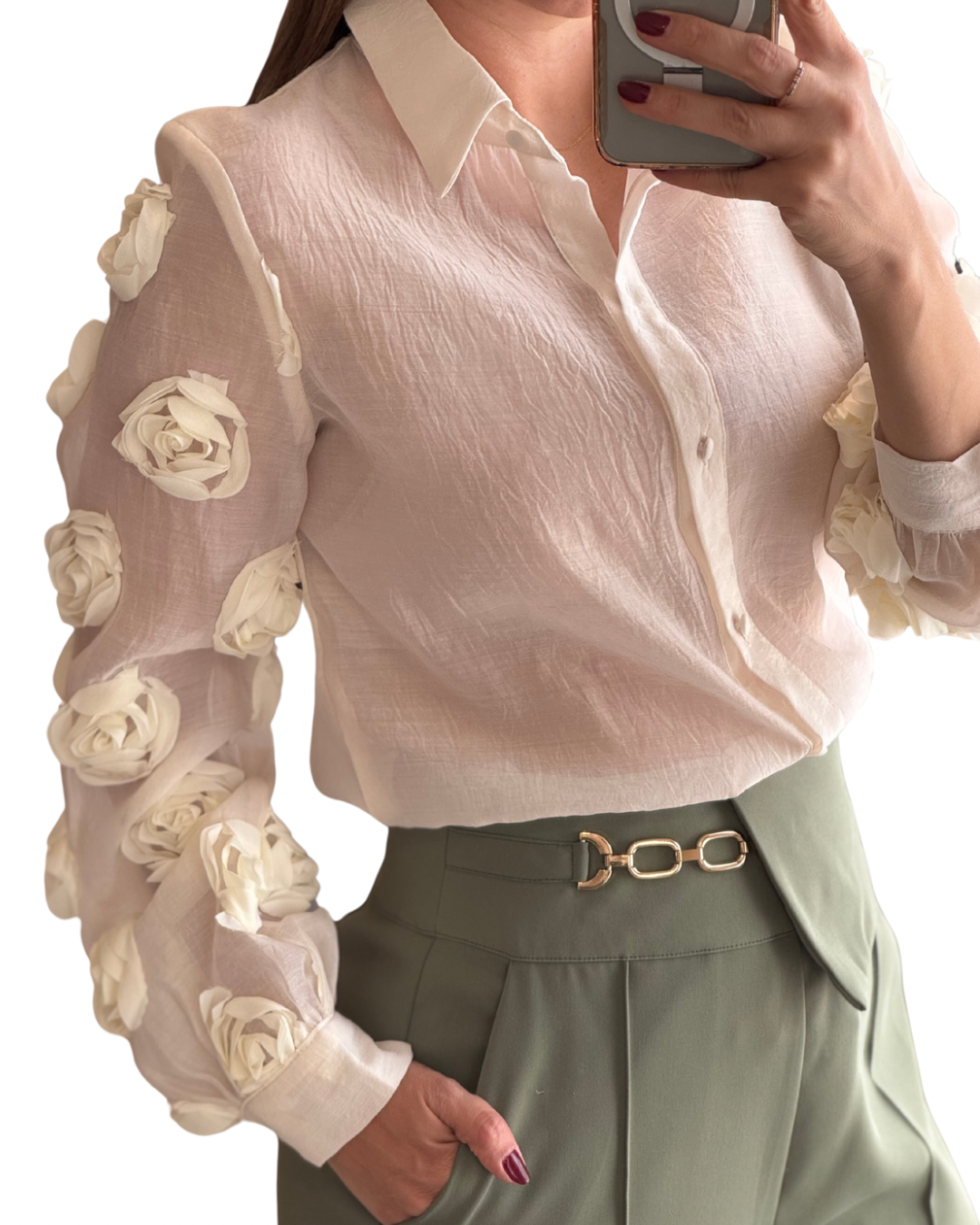 BLUSA TIPO CAMISA CON FLORES NUDE