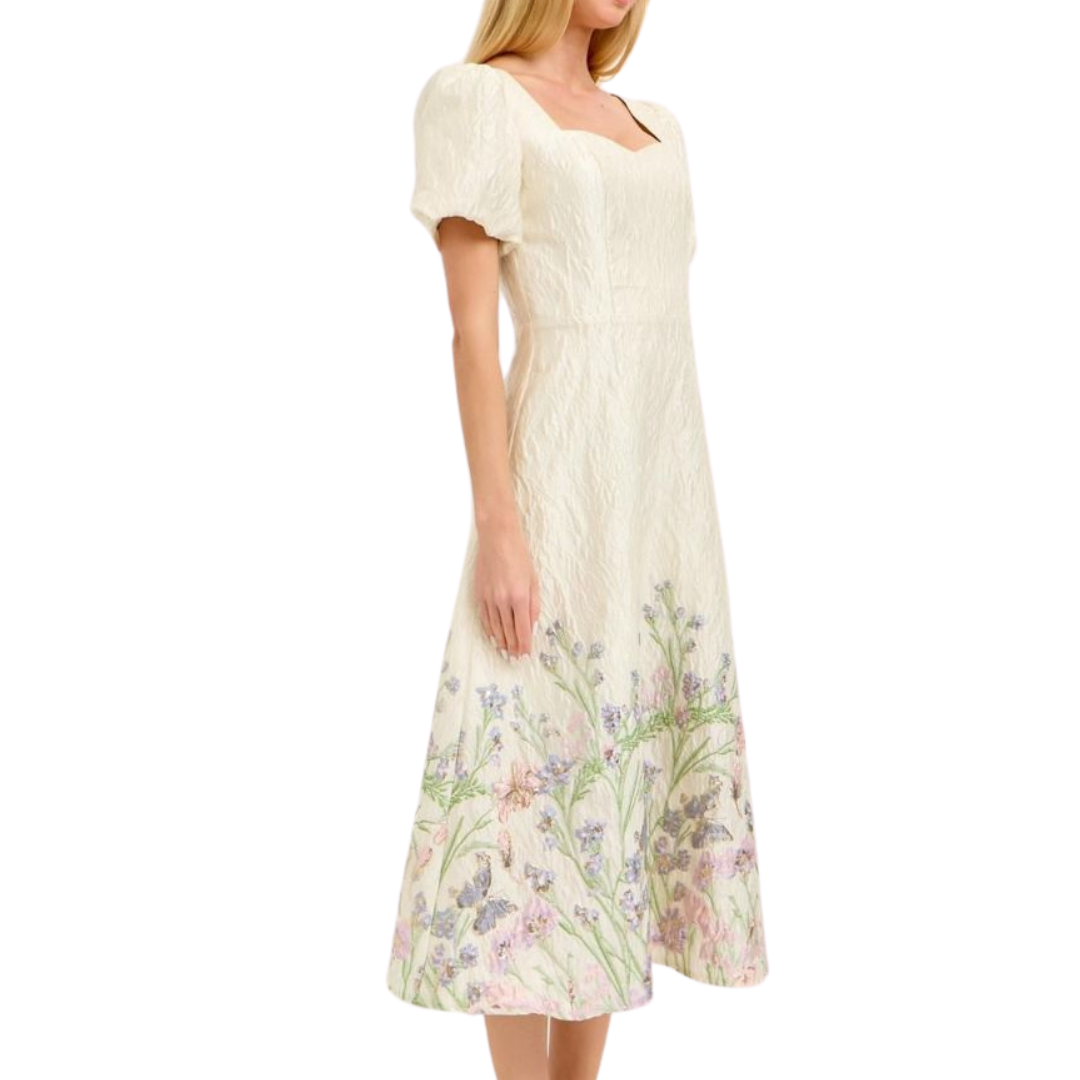 VESTIDO MIDI BEIGE FLOREADO MANGA CORTA