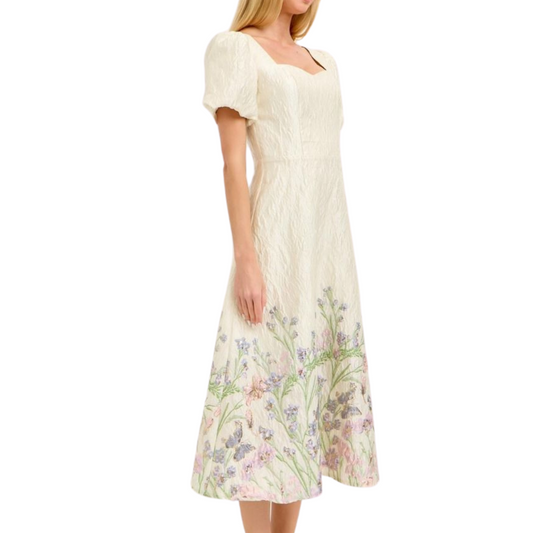 VESTIDO MIDI BEIGE FLOREADO MANGA CORTA