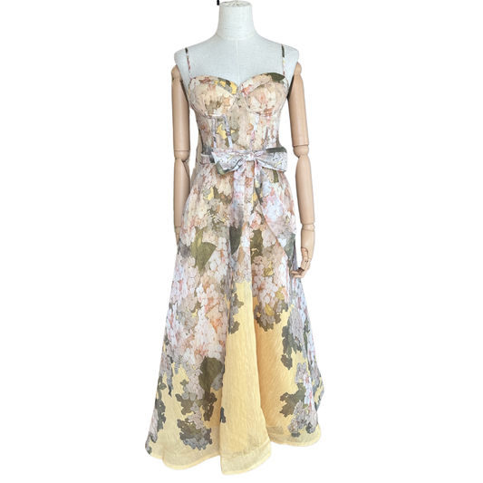 VESTIDO MIDI FLOREADO AMARILLO CON NARANJA