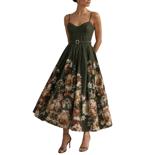 VESTIDO MIDI VERDE OBSCURO CON ESTAMPADO DE FLORES