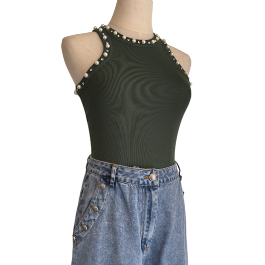 TANK TOP VERDE OLIVO CON PERLAS