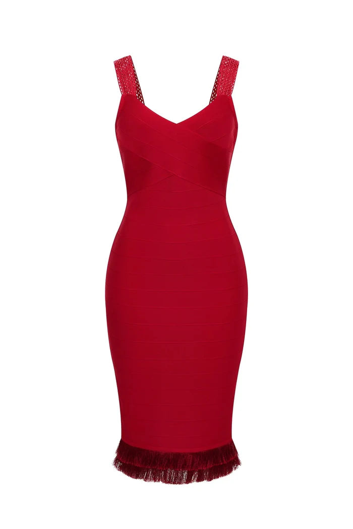 VESTIDO MIDI ROJO CON FLECOS